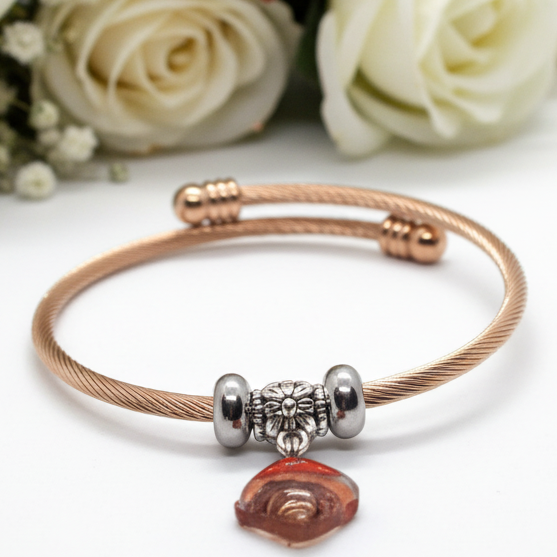 Perfect Elastic Cable Wire Bangle Twisted Stainless Steel Bracelet with Removable End Plug Twisted Cuff Recycled Glass Charm Bead.
