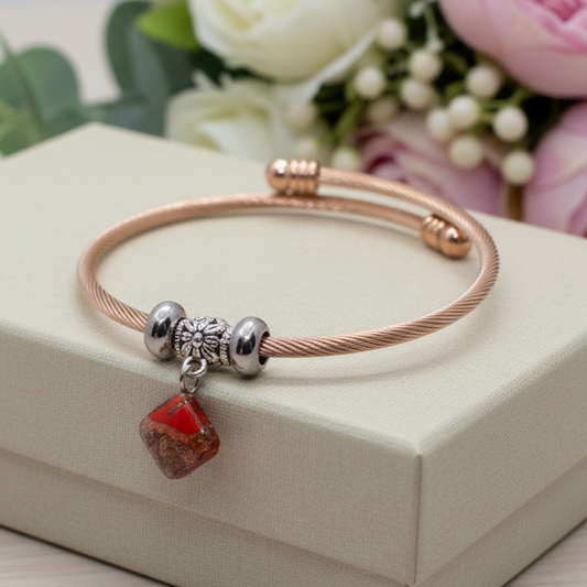 Perfect Elastic Cable Wire Bangle Twisted Stainless Steel Bracelet with Removable End Plug Twisted Cuff Recycled Glass Charm Bead.