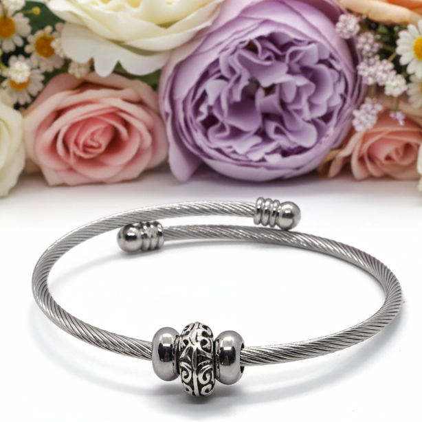 Elegant Elastic Cable Bangle Twisted Stainless Steel Bracelet. Easy to put on adjustable stretch memory wire. One size fits most