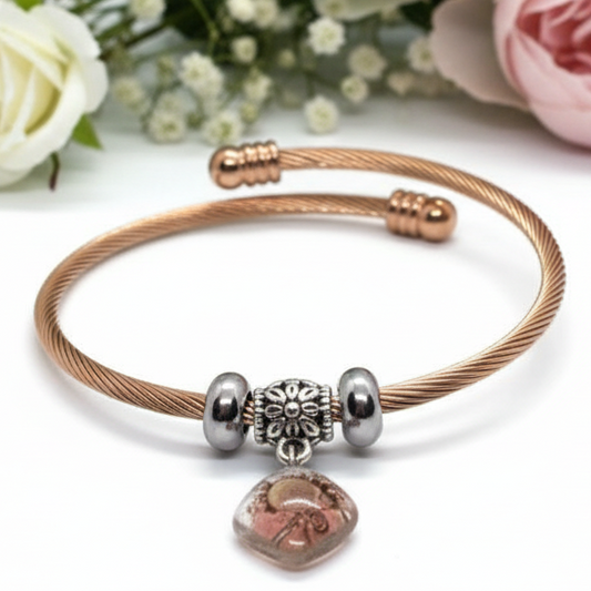 Pink, Brown and white golden Stainless Steel Bracelet Glass Charm Bead. Easy to put on adjustable stretch memory wire. One size fits most