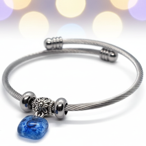 BLUE  Bangle Twisted Stainless Steel Bracelet Glass Charm Bead. Expandable handmade stretch memory wire. One size fits most