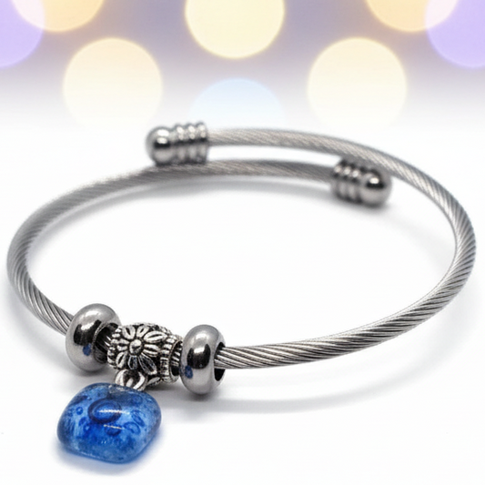 BLUE  Bangle Twisted Stainless Steel Bracelet Glass Charm Bead. Expandable handmade stretch memory wire. One size fits most