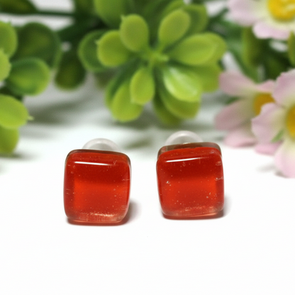 Small square post vibrant red  color. Fused Glass Studs. Recycled Glass jewelry. Stud earrings. Fun color.