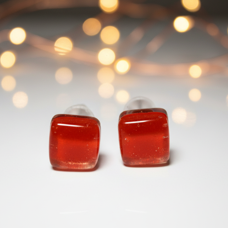 Small square post vibrant red  color. Fused Glass Studs. Recycled Glass jewelry. Stud earrings. Fun color.