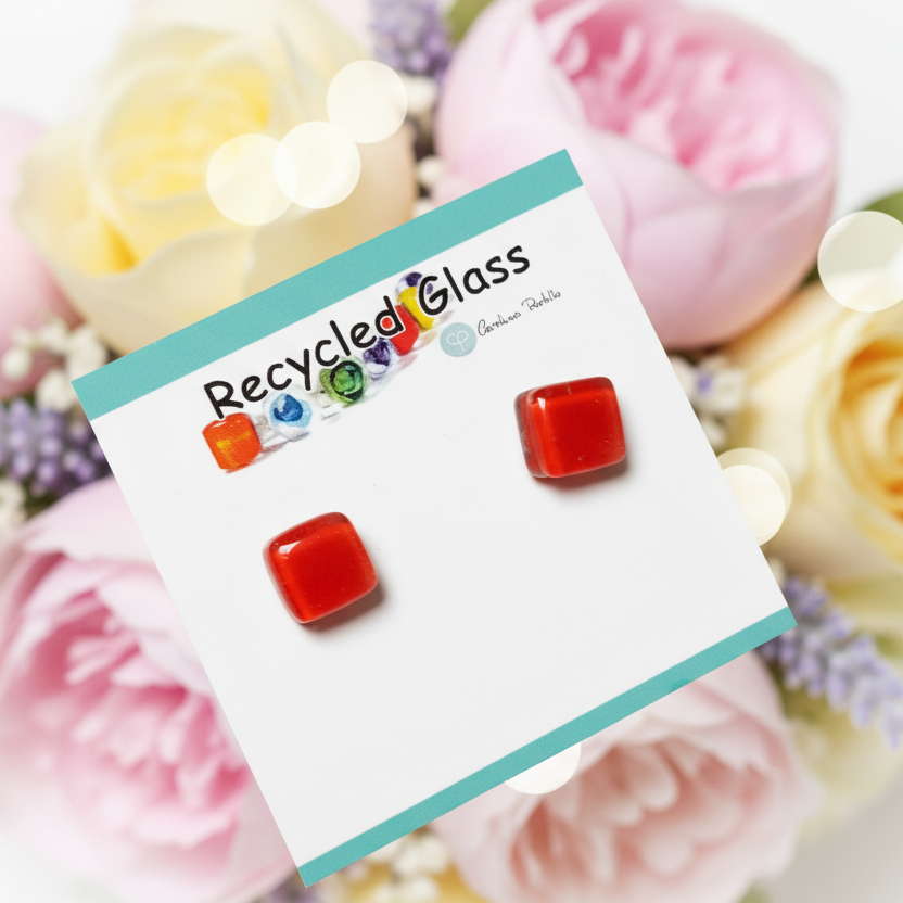 Small square post vibrant red  color. Fused Glass Studs. Recycled Glass jewelry. Stud earrings. Fun color.