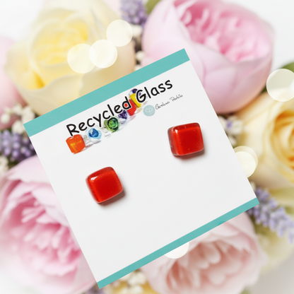 Small square post vibrant red  color. Fused Glass Studs. Recycled Glass jewelry. Stud earrings. Fun color.