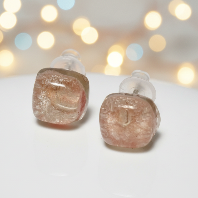 Delicate pale pink fused glass studs