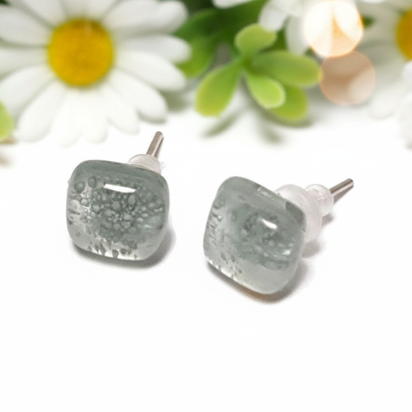 Small square post milky Gray with tiny bubblescolor. Fused Glass Studs. Recycled Glass jewelry. Stud earrings. Fun color.