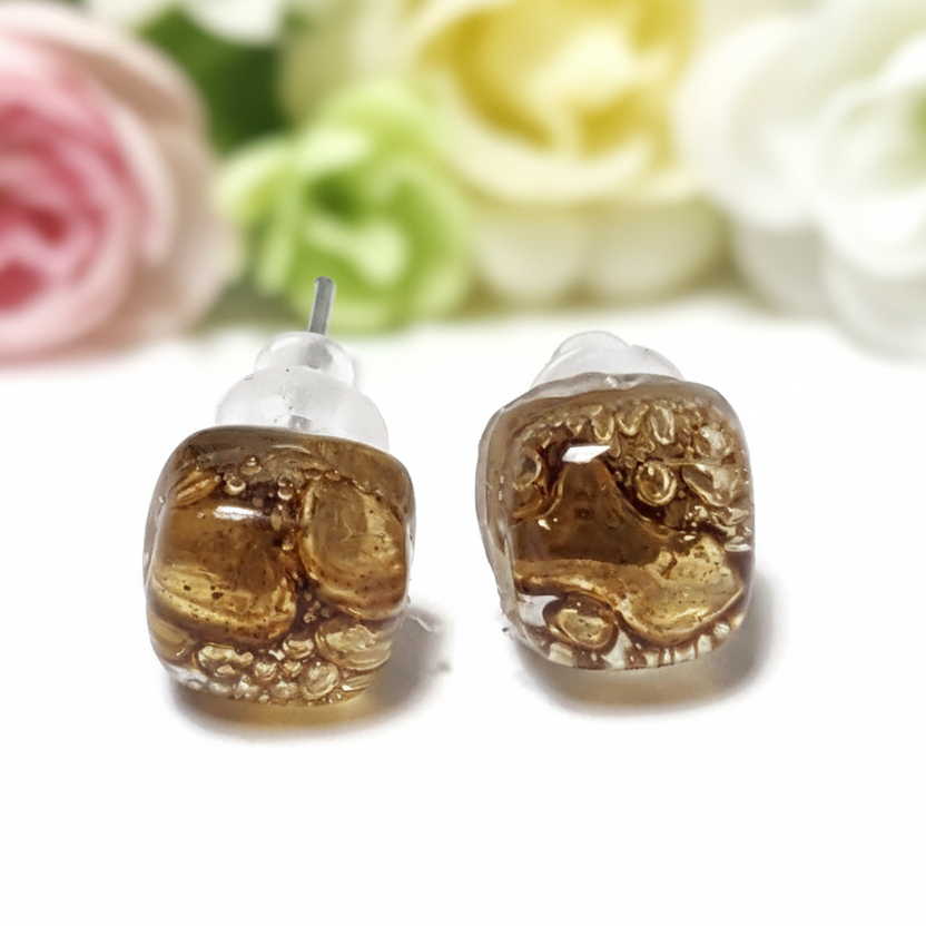 Small Post bubbly caramel brown Earrings. Fused Glass Studs. Recycled Glass jewelry. Stud earrings