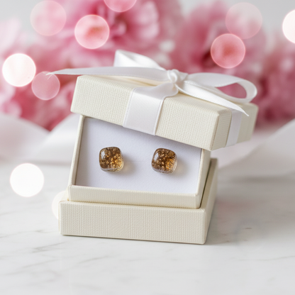 Small Post bubbly caramel brown Earrings. Fused Glass Studs. Recycled Glass jewelry. Stud earrings