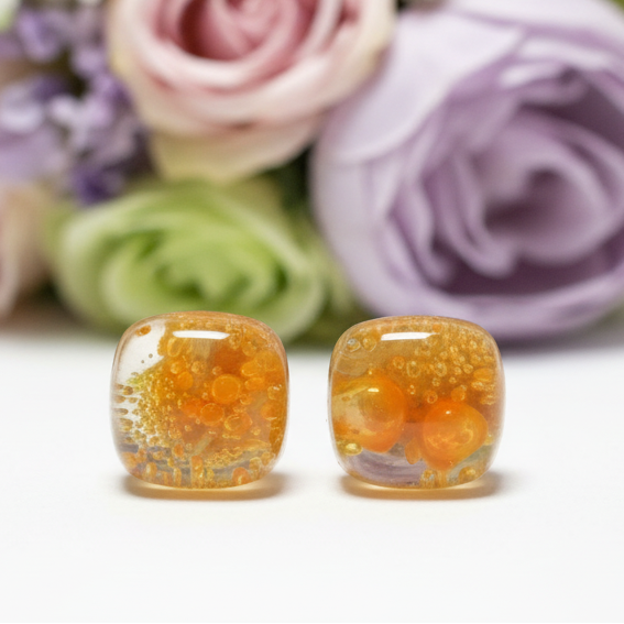 Small square post Earrings. Clear Orange color. Fused Glass Studs. Recycled Glass jewelry. Stud earrings
