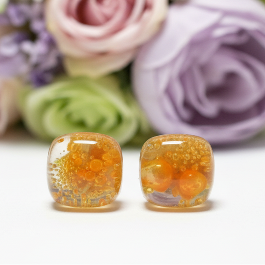 Small square post Earrings. Clear Orange color. Fused Glass Studs. Recycled Glass jewelry. Stud earrings