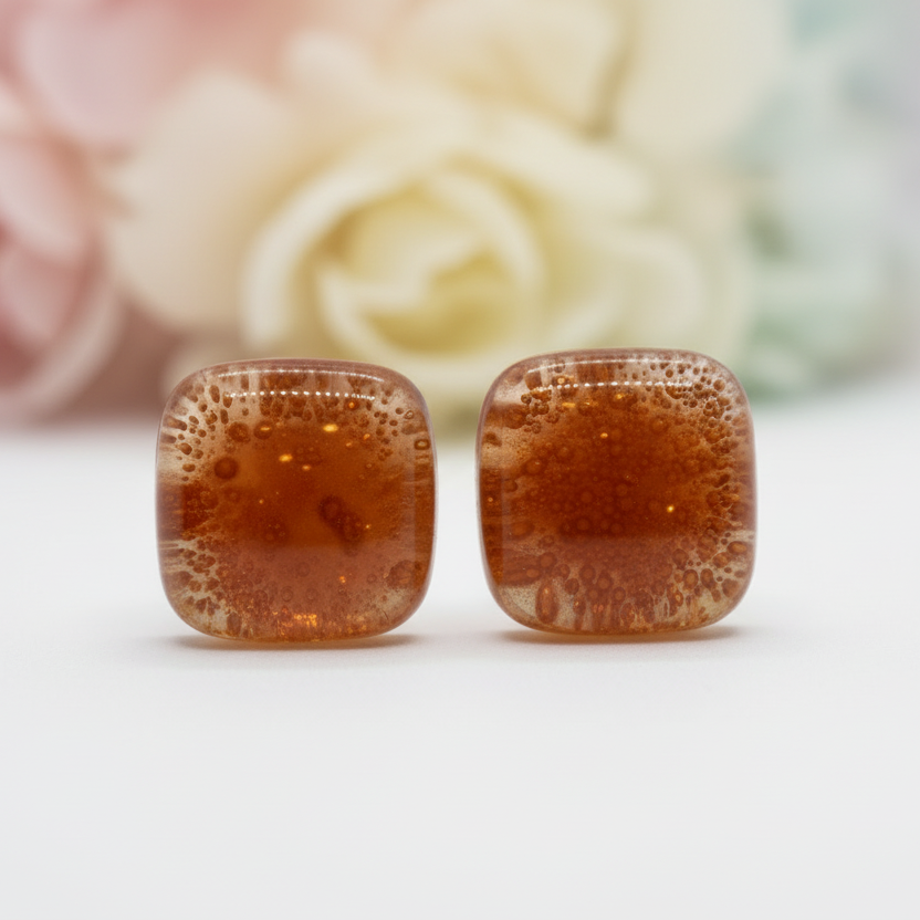 Small square post terracotta color. Fused Glass Studs. Recycled Glass jewelry. Stud earrings. Earthy color.