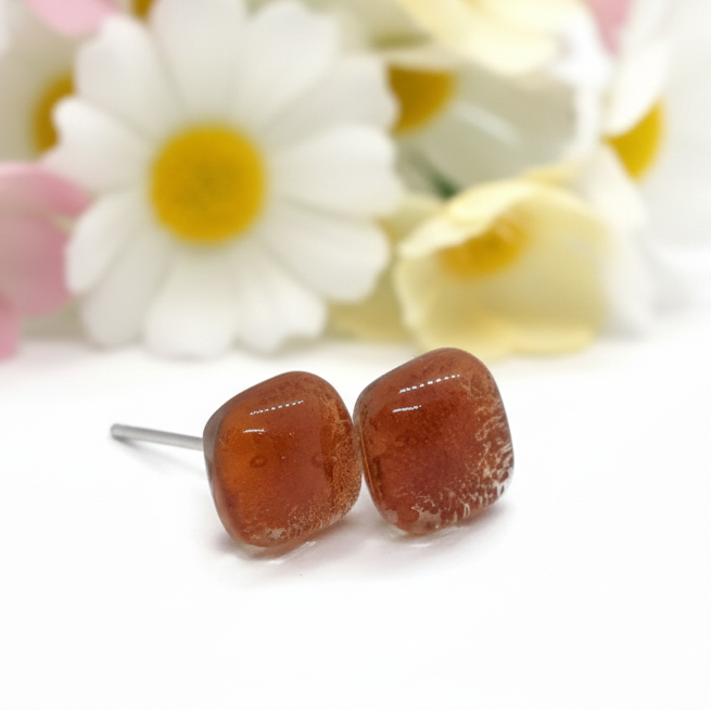 Small square post terracotta color. Fused Glass Studs. Recycled Glass jewelry. Stud earrings. Earthy color.