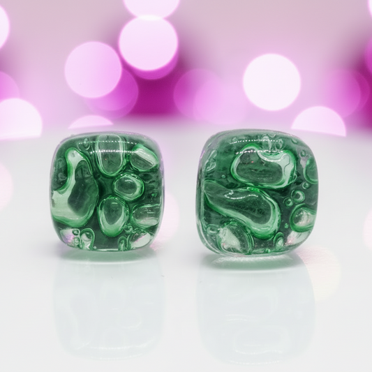 Small square post Earrings. Fun clear green color. Fused Glass Studs. Recycled Glass jewelry. Stud earrings