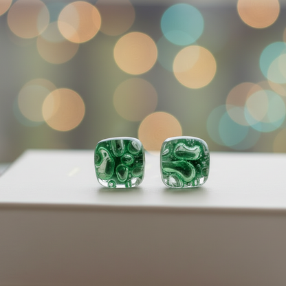 Small square post Earrings. Fun clear green color. Fused Glass Studs. Recycled Glass jewelry. Stud earrings
