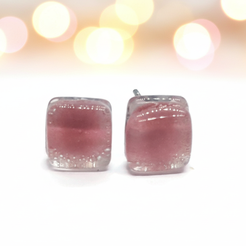Pink small square Fused Glass Studs post earrings. Recycled Glass jewelry. Stud earrings. Fun color.