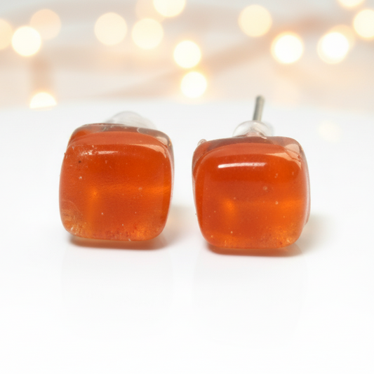 Small square post Orange  color. Fused Glass Studs. Recycled Glass jewelry. Stud earrings. Fun color.