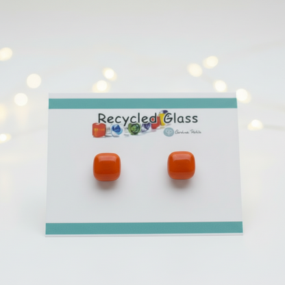 Small square post Orange  color. Fused Glass Studs. Recycled Glass jewelry. Stud earrings. Fun color.