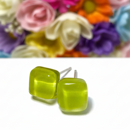 Small square post Earrings. Pale apple green color. Fused Glass Studs. Recycled Glass jewelry. Stud earrings