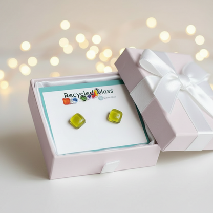 Small square post Earrings. Pale apple green color. Fused Glass Studs. Recycled Glass jewelry. Stud earrings