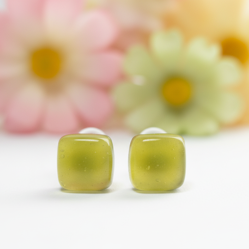 Small square post Earrings. Pale apple green color. Fused Glass Studs. Recycled Glass jewelry. Stud earrings