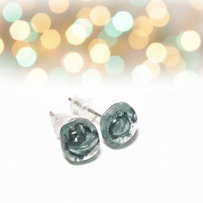 Small square post Earrings. Clear blue green with gray shades color. Fused Glass Studs. Recycled Glass jewelry. Stud earrings