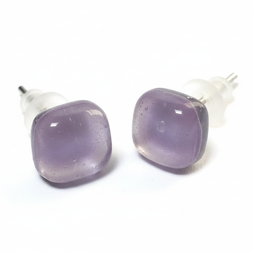 Small square post Earrings. Lilac lavender color. Fused Glass Studs. Recycled Glass jewelry. Stud earrings