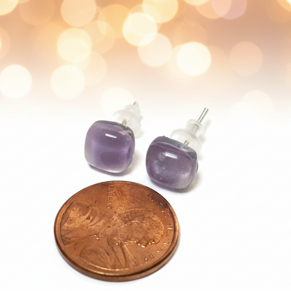 Small square post Earrings. Lilac lavender color. Fused Glass Studs. Recycled Glass jewelry. Stud earrings