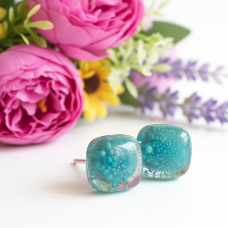 Square post Earrings. Dark  transparent teal color with small bubbles. Fused Glass Studs. Recycled Glass jewelry. Stud earrings