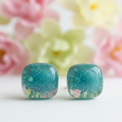 Square post Earrings. Dark  transparent teal color with small bubbles. Fused Glass Studs. Recycled Glass jewelry. Stud earrings