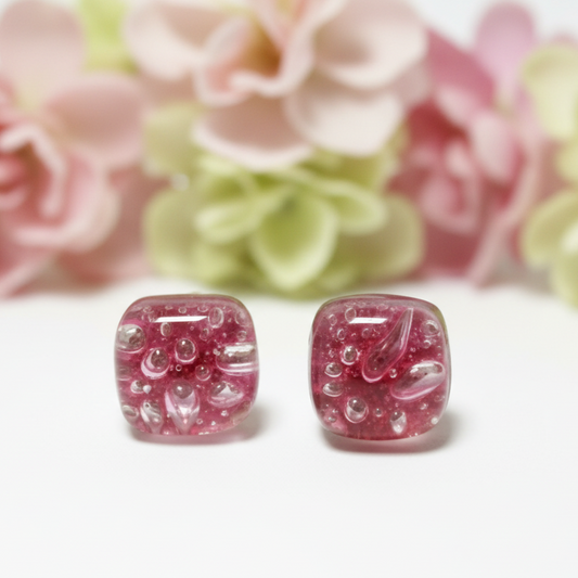Small square post Earrings. Cranberry color. Fused Glass Studs. Recycled Glass jewelry. Stud earrings