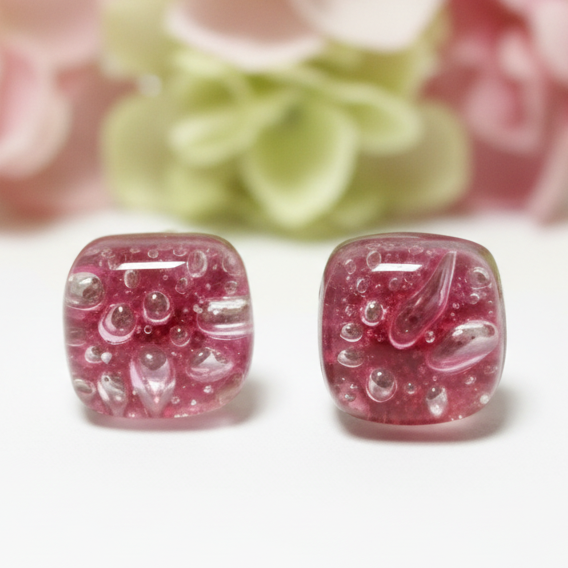 Small square post Earrings. Cranberry color. Fused Glass Studs. Recycled Glass jewelry. Stud earrings