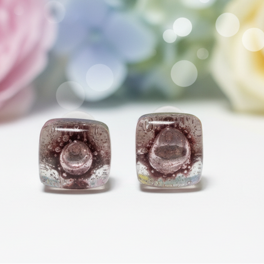 Small Post bubbly purple-brown Earrings. Fused Glass Studs. Recycled Glass jewelry. Stud earrings