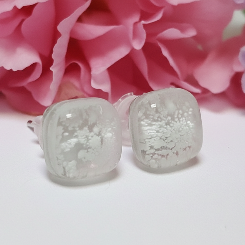 Small square post milky white color. Fused Glass Studs. Recycled Glass jewelry. Stud earrings. Fun color.