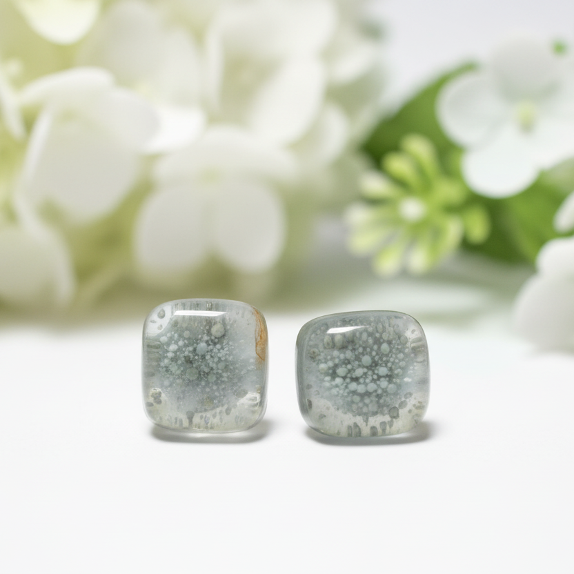 Small square post milky Gray with tiny bubblescolor. Fused Glass Studs. Recycled Glass jewelry. Stud earrings. Fun color.