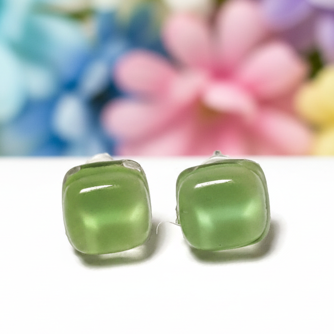 Small square post Earrings. Pastel light green color. Fused Glass Studs. Recycled Glass jewelry. Stud earrings