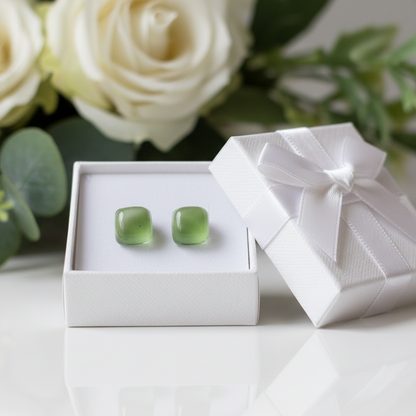 Small square post Earrings. Pastel light green color. Fused Glass Studs. Recycled Glass jewelry. Stud earrings