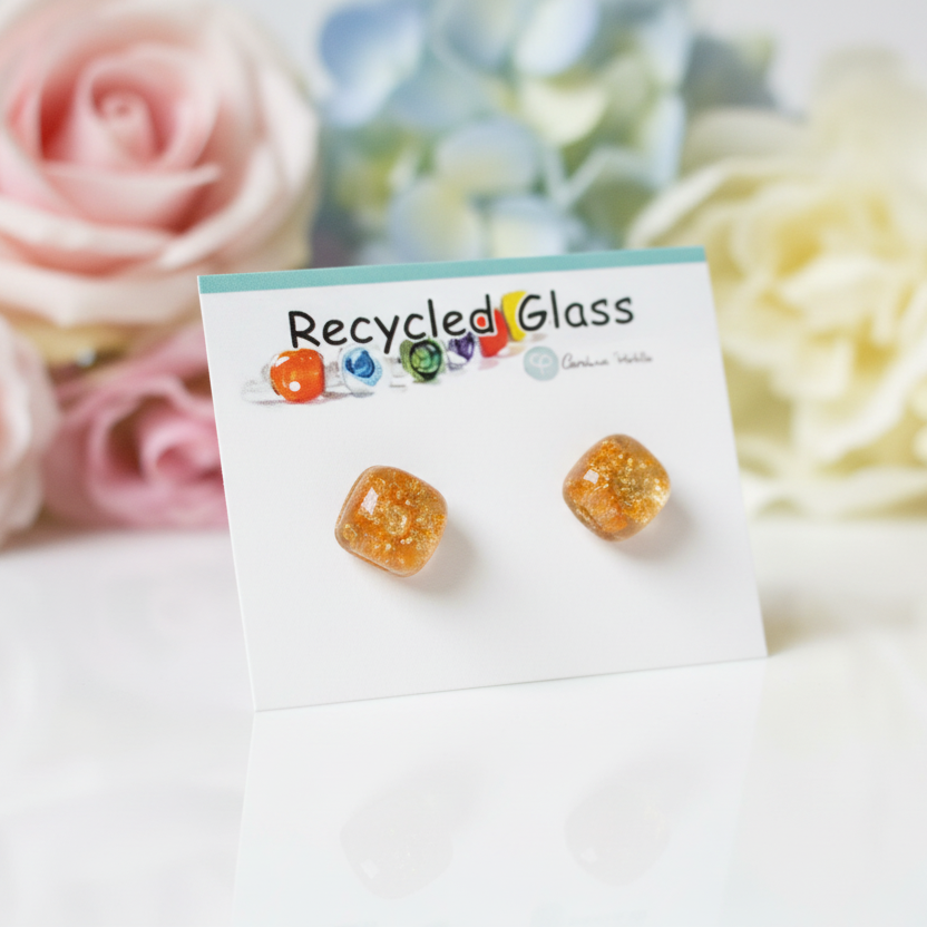 Small square post Earrings. Clear Orange color. Fused Glass Studs. Recycled Glass jewelry. Stud earrings