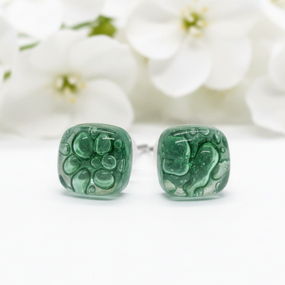 Small square post Earrings. Fun clear green color. Fused Glass Studs. Recycled Glass jewelry. Stud earrings