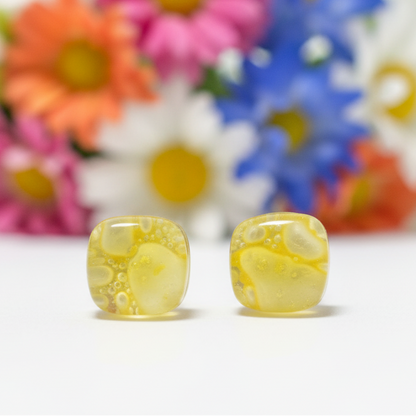 Small square post Earrings. Clear yellow color. Fused Glass Studs. Recycled Glass jewelry. Stud earrings. Bubbles