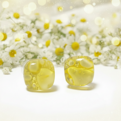 Small square post Earrings. Clear yellow color. Fused Glass Studs. Recycled Glass jewelry. Stud earrings. Bubbles