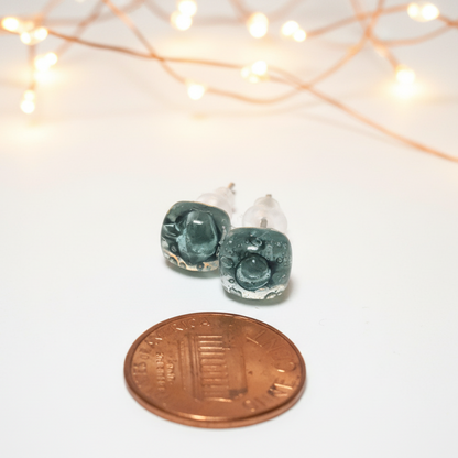 Small square post Earrings. Clear blue green with gray shades color. Fused Glass Studs. Recycled Glass jewelry. Stud earrings