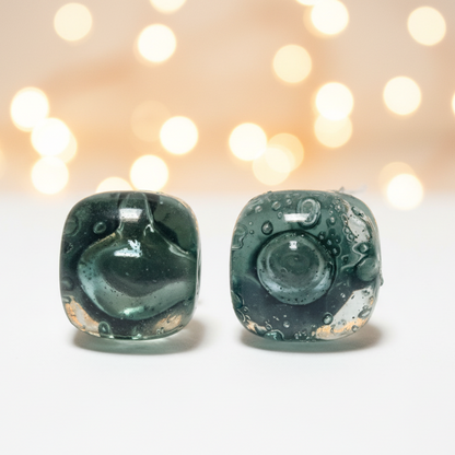 Small square post Earrings. Clear blue green with gray shades color. Fused Glass Studs. Recycled Glass jewelry. Stud earrings