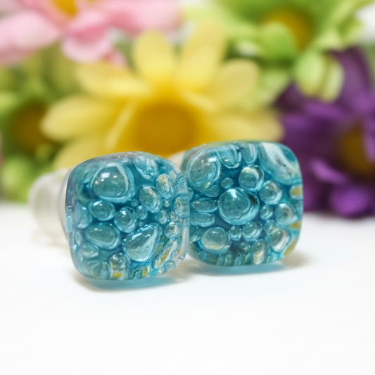 Small Post Turquoise Earrings. Fused Glass Studs. Recycled Glass jewelry. Stud earrings