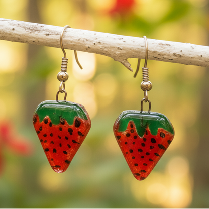 Strawberry shaped handmade recycled Fused glass beads, Small Drop earrings, Hand cut  Dangle earrings. Fun glass jewelry