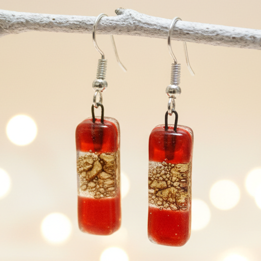 Small bar rectangle Dangle Earrings Recycled Glass. Fused drop Glass red and caramel brown color drop earrings.