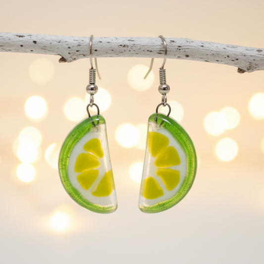 Lime wedge Recycled Glass Drop Earrings. Purple Dangle earrings. Great gift. Fun eco friendly jewelry