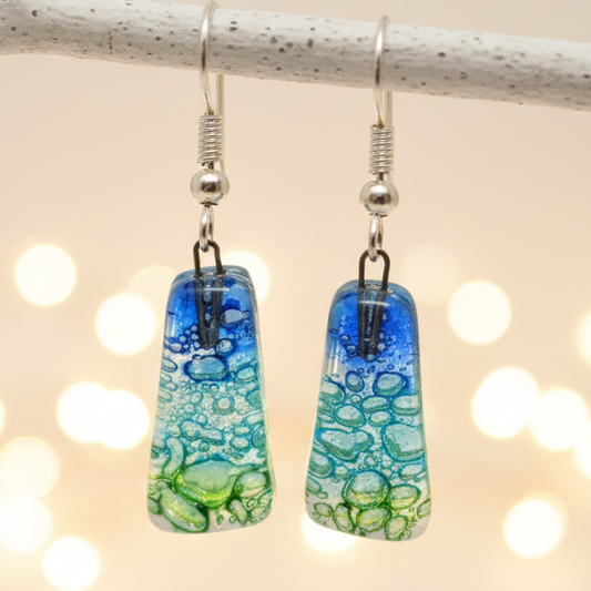 Blue, Green and Turquoise triangles. Recycled fused glass drop earrings. Long dangle earrings