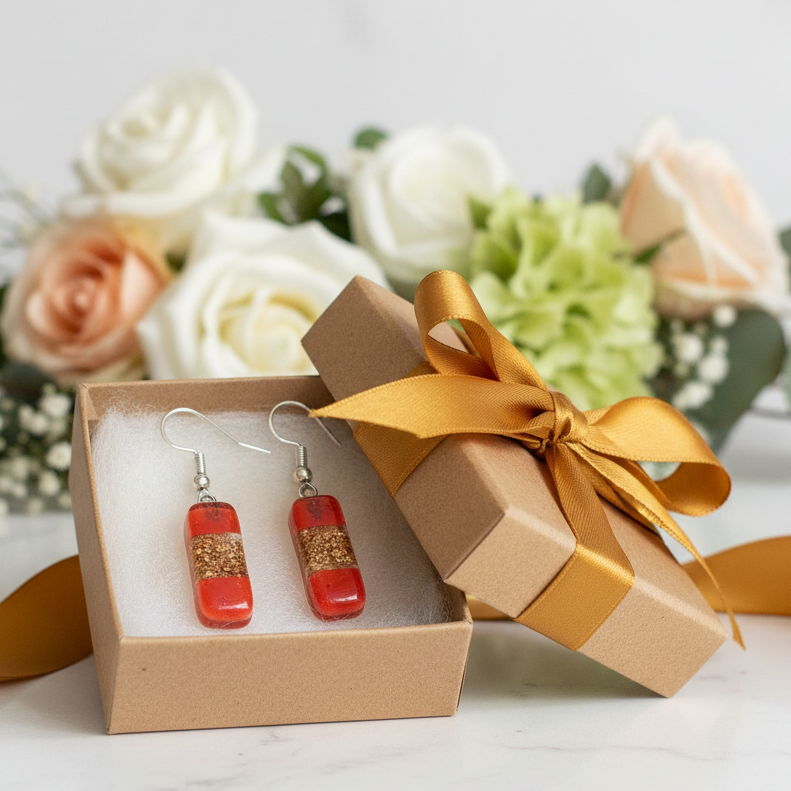 Small bar rectangle Dangle Earrings Recycled Glass. Fused drop Glass red and caramel brown color drop earrings.